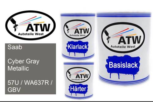 Saab, Cyber Gray Metallic, 57U / WA637R / GBV: 1L Lackdose + 1L Klarlack + 500ml Härter - Set, von ATW Autoteile West.